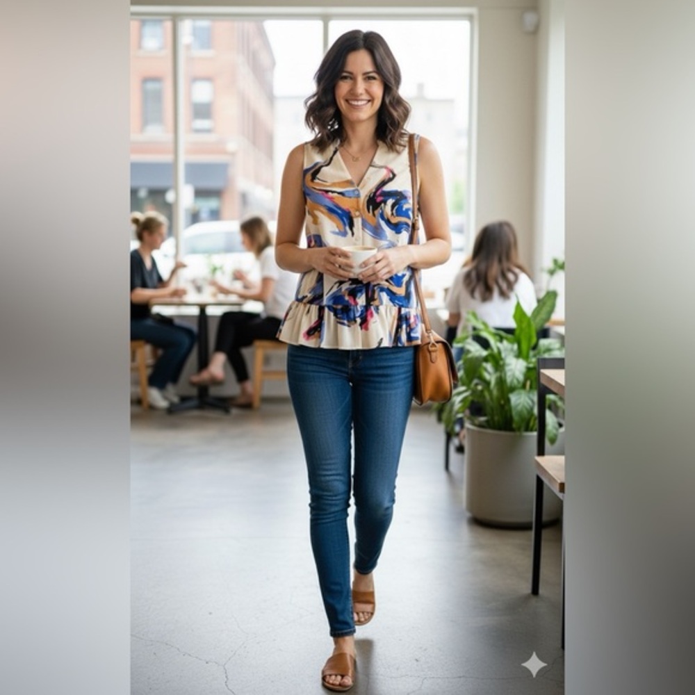 NINE WEST like new Peplum Sleeveless Beige Pink Blouse XXL